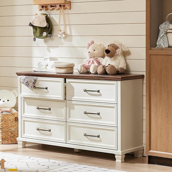 Farmhouse Wood 6 Drawer Dresser Set of 2, 54 inch Wide Large Vintage Chest of Drawers for Bedroom, Rustic Dressers TV Stand with Square Solid Wooden Legs for Living Room, Hallway, White