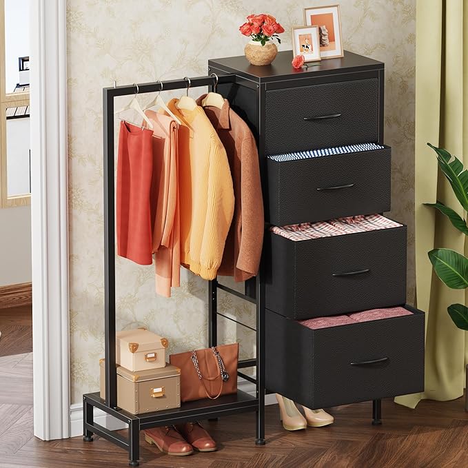 Dresser with Hanging Rack, 4 Drawers Small Closet for Bedroom, Reversible Fabric Kids Chest of Drawers with Clothes Rack, Tall Storage Tower, Sturdy Frame, Black, 44''H