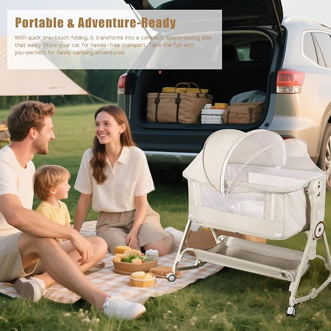Baby Bassinets Bedside Sleeper 5 in 1,Bedside Bassinet for Baby with Mattress,Diaper Table, Storage Layer,Mosquito Net,7-level adjustable height , one-touch folding for travel with infants(Beige)