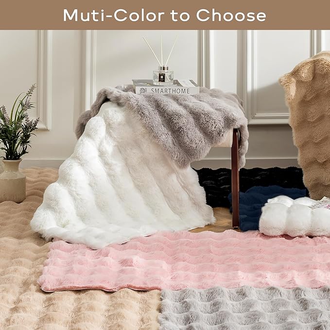 Ashler Faux Rabbit Fur Rug - Beige 5x7 FT Fluffy Soft Area Carpet, Rectangle Fuzzy for Living Room, Bedroom, Machine Washable Shaggy Nursery - 3D Bubble