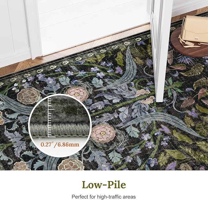 AMTOVO 2x3 Washable Entryway Area Rug Door Mat, Vintage Boho Floral Distressed Print Non-Slip Carpet, Small Throw Rug for Indoor Entrance Kitchen Bedroom Bathroom Laundry Floor, Black