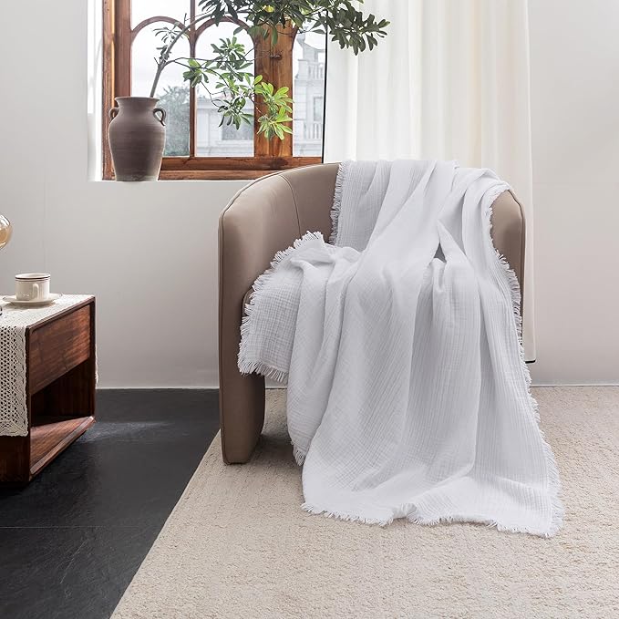 FOSSA Muslin Blanket with Fringe - 4-Layer 100% Cotton Gauze Super Soft & Breathable Throw -Lightweight Decorative Cooling Blanket for Bed, Sofa, Office -Twin XL Size 90" x 66" (Bright White)