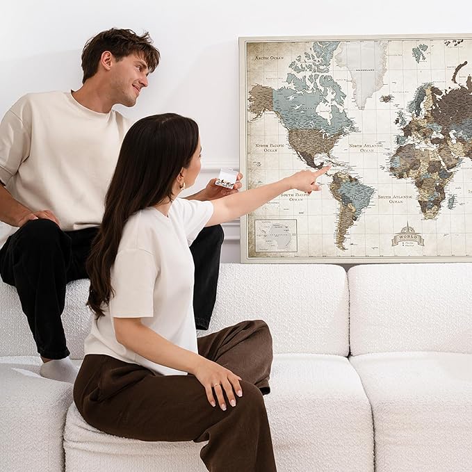 Canvas World Map with Cork Pin Board - English Lettering - Decorative Wall Decoration for All Rooms - Canvas Pictures with World Map Motif (120x80 cm, Pattern 25)