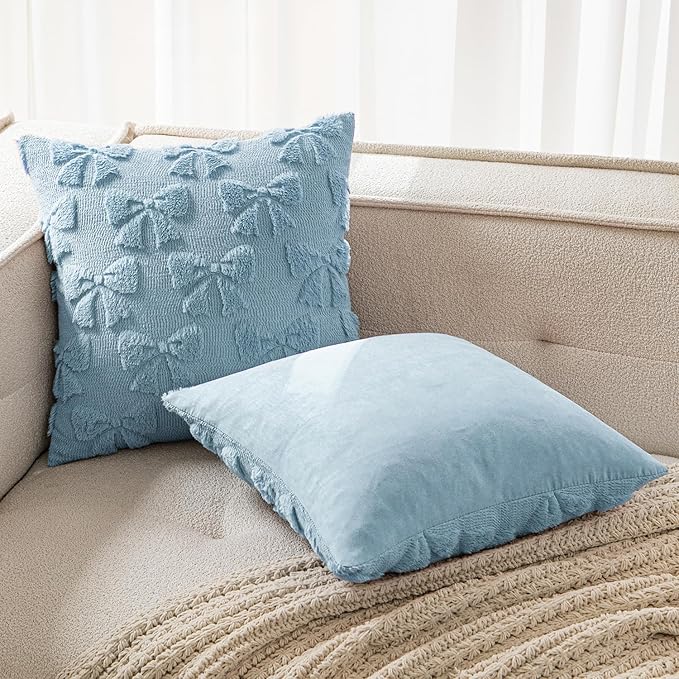 MIULEE Blue Bow Pillow Covers Coquette Room Decor Aesthetic Set of 2 Decorative Cute Girl Throw Pillow Soft Plush Faux Pillowcase for Girl Bed Couch Sofa,20x20 Inch
