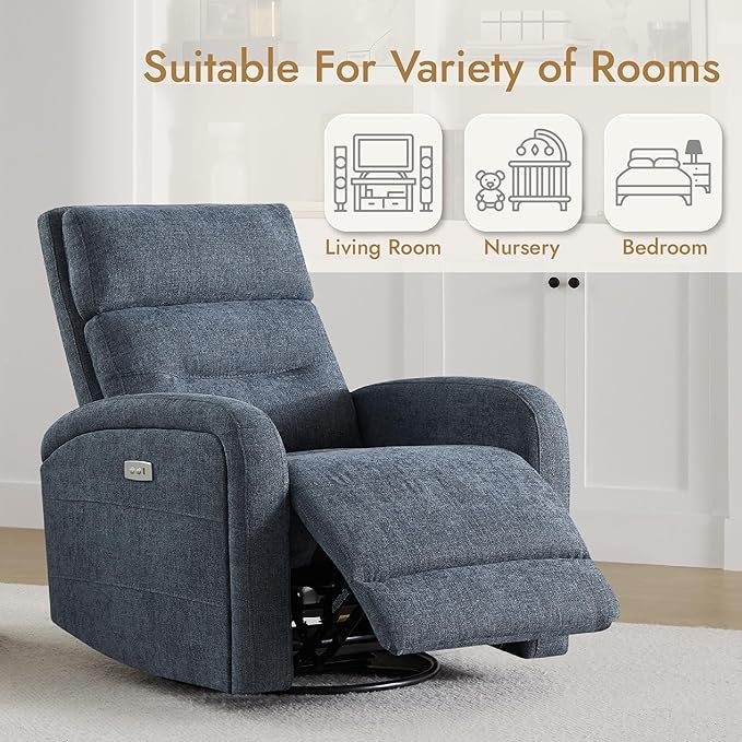 Watson & Whitely Swivel Power Recliner Glider Rocker, Small Recliner with Charging Port for Living Room, Fabric in Blue