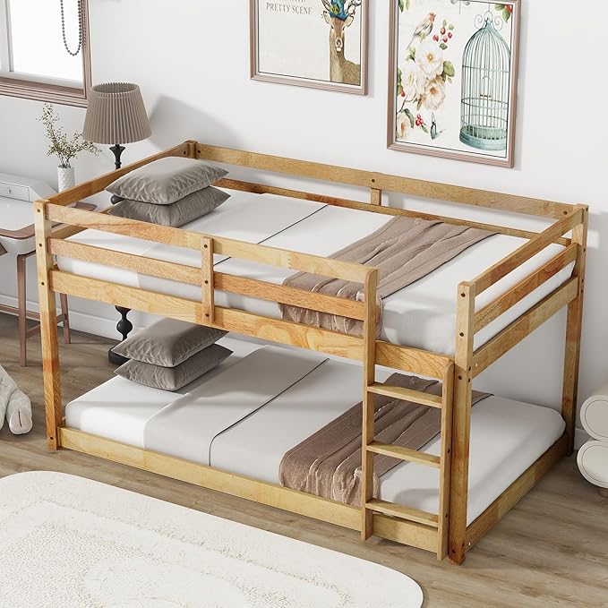 Bunk Bed Twin Over Twin, Wood Low Profile Floor Twin Bunk Beds with Ladder Guardrails for Kids Boys and Girls, No Box Spring Needed