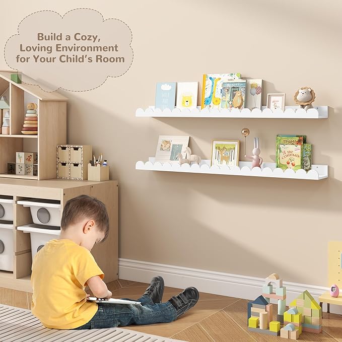 Fun Memories 36 Inch Scalloped Nursery Shelf, White Picture Ledge for Wall, Set of 2, Kids Book Shelves with Floating Design for Kids Rooms, Bedroom