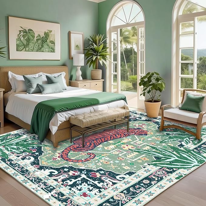Washable Non-Slip 5x7 Green Tiger Rug for Boys Room Bedroom Dining Room Boho Vintage Tropical Animal Cheetah Print Jungle Rug Soft Cozy Whimsical Woodland Carpet for Playroom Living Room