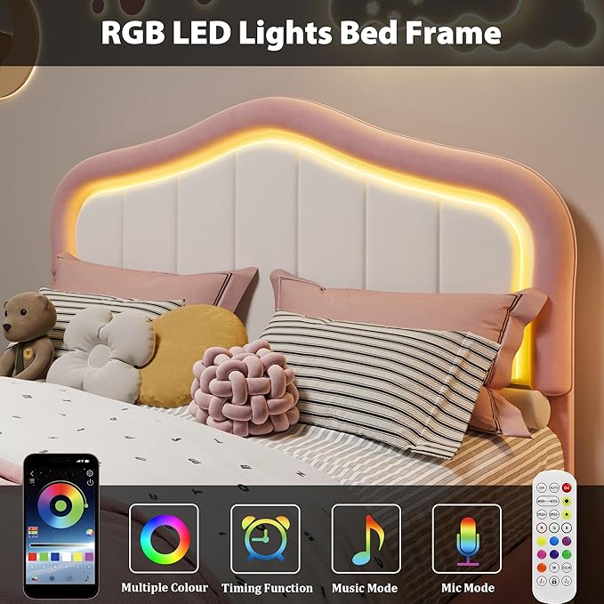 GarveeHome Upholstered Twin XL Bed Frame with Led Lights and Storage Drawer, Velvet Led Bed Frame with Headboard for Kids, Girls, Boys, No Box Spring Needed, Wooden Slats, Noise Free, Pink