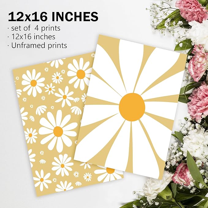 AEHIE Boho Yellow Daisy Flower Decor Wall Art Print, You Are My Sunshine Poster Prints for Baby Girls Room Nursery Decor, Spring Aesthetic Floral Wall Art Print for Home, 4pcs 12x16inch