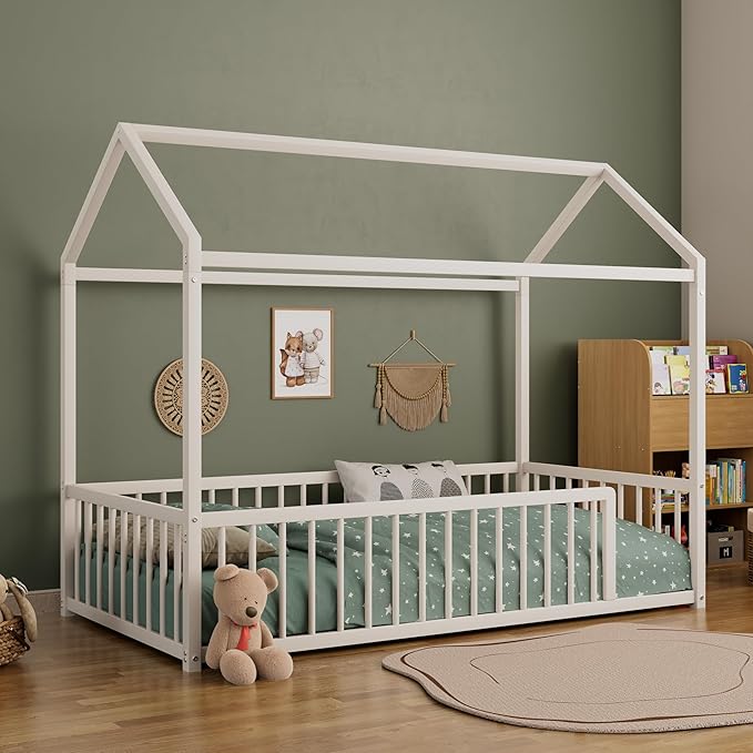House Shape Twin Size Montessori House Bed Metal Floor Bed Twin Bedframe for Kids No Box Spring Needed, White