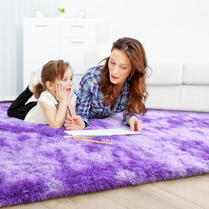 EVOIONOS Area Rug for Bedroom Living Room, Machine Washable 4x6 Fluffy Shag Rug, Soft Plush Non Slip Carpet for Indoor Floor Bedside Nursery Girls Kids Room Dorm, Home Decor Aesthetic, Tie-Dyed Purple
