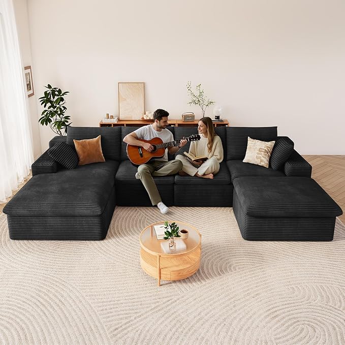136" Cloud Modular Sectional Sofa with 1 Ottoman, Modern Upholstered Corduroy Couches, Comfort U Shaped Sofa for Living Room, Deep Seat Boneless Couch, No Assembly Required(Black,Left Facing Chaise)