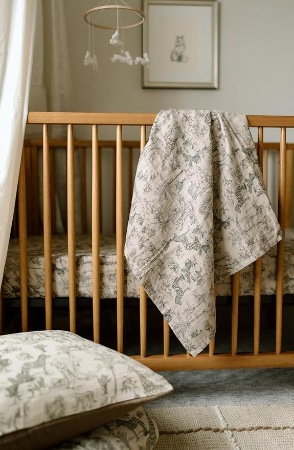 Oilo Baby Blanket, Luxury Plush Chenille Backing & Organic Cotton Jersey Print, Double Layered, 30" x 40", Rolled Jersey Edge Trim, Infant & Toddler Size, Heirloom Organic Collection, Vintage Safari