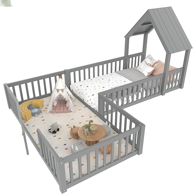 Harper & Bright Designs Twin Size House Shaped Double Floor Bed with Door and Full-Length Guardrails, Solid Wood Kids Montessori Floor Bed for Girls Boys, Multi-Function, Grey