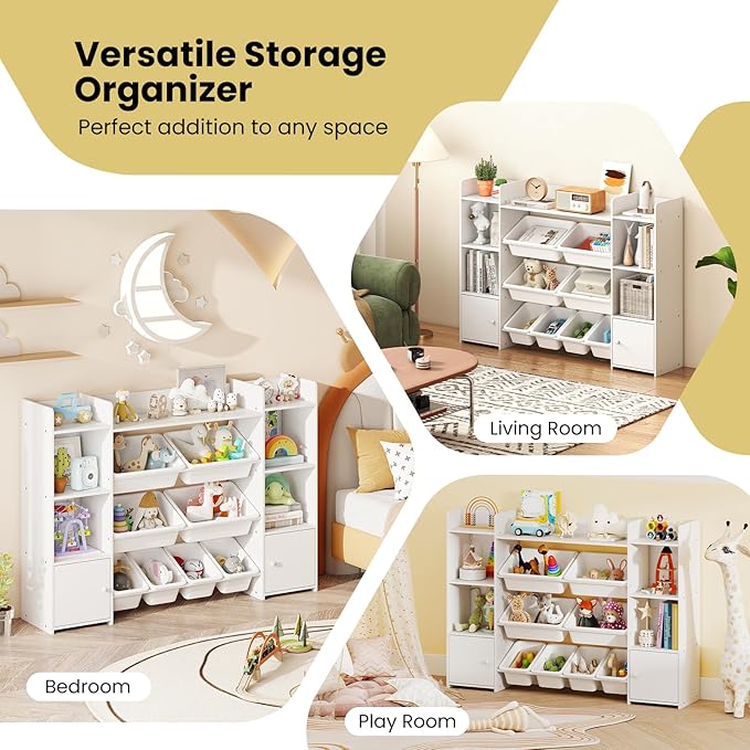 Costzon 56'' Kids Toy Storage Organizer with 8 Removable Bins, 4-Tier Toddler Bookshelf Cubbies, Preschool Children's Montessori Bookshelf w/6 Large Cabinet for Playroom, Daycare, Kids Room, Classroom