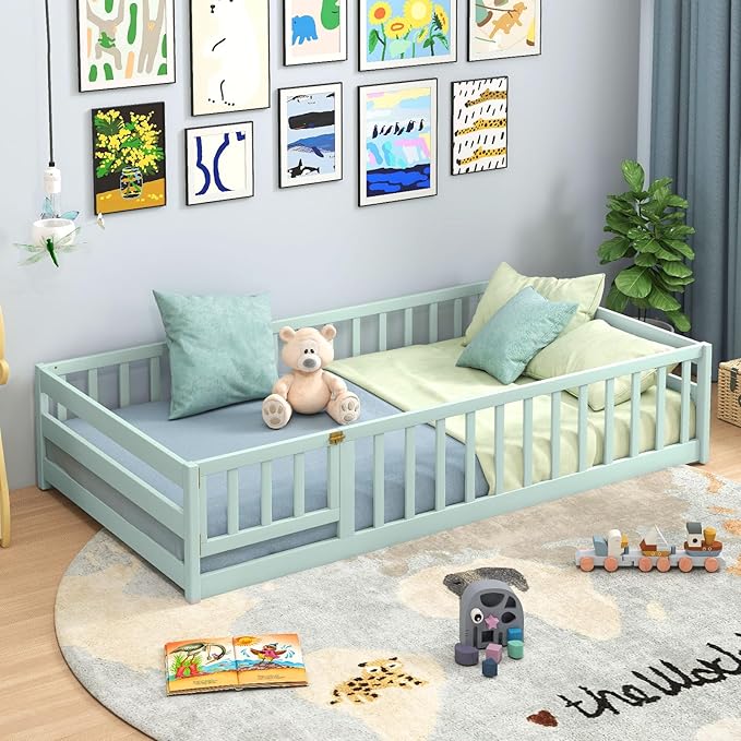 Giantex Twin Floor Bed with Door & Fence, Kids Wood Montessori Beds with Safety Guardrails, Floor Bed Twin for Kids, Boys, Girls, No Box Spring Needed, Mint Sky