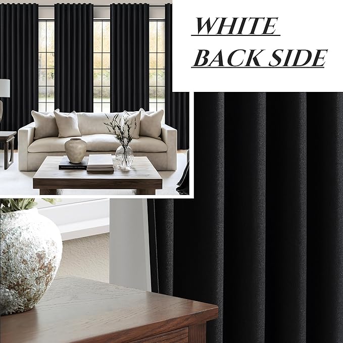 Black Blackout Curtains 95 Inches Long 2 Panel Set, Sun Blocking Curtains for Bedroom Modern Black Window Linen Drapes Thermal Insulated Pleated with Heading Tape Pin Hooks (W50 xL95)