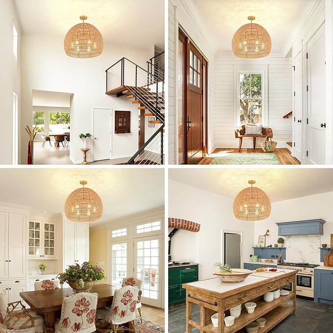 Rattan Ceiling Light Fixture, 6-Light Boho Semi Flush Mount Ceiling Light,23.62" Wicker Light Fixture with Handmade Woven Cage Lampshade,Rattan Chandelier for Bedroom Hallway Nursery Kitchen Farmhouse
