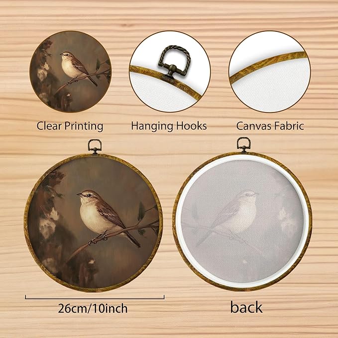 Hiuwevt Vintage Moody Bird Round Wall Art Decor, Dark Cottagecore Bird Framed Canvas Prints, Rustic Birding on Branch Round Wall Hanging Decor for Home Bedroom Living Room Decorations, 10x10 Inches