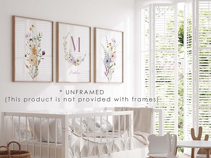 Personalized Name Flower Nursery Wall Art Prints, Crib & Nursery dรฉcor, Newborn Baby Girl Gift Present, Floral Baby Girl Room Pictures, Poster For Baby And Kids (3 Prints, Flower 6)