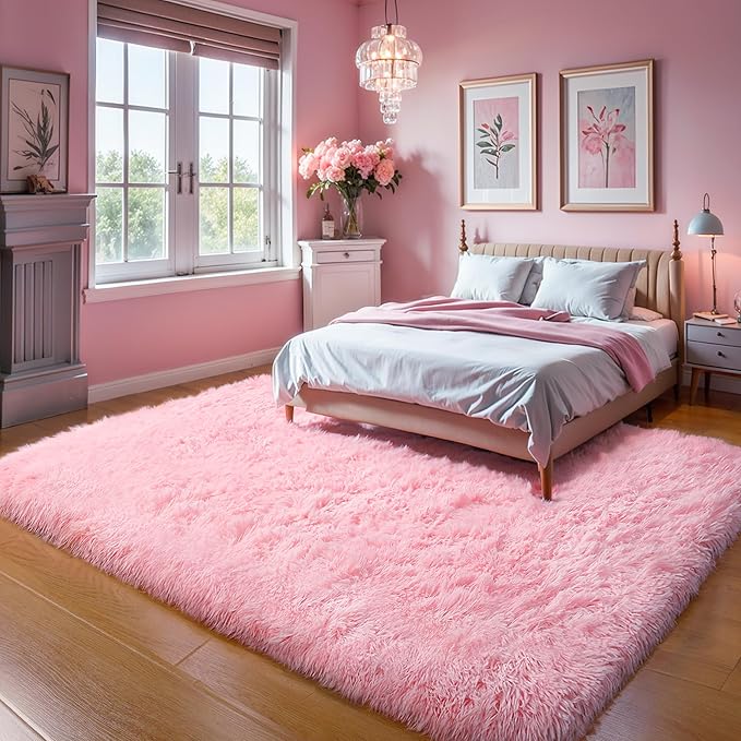 Thick Area Rug 4x6 Pink Fluffy Shag – Ultra Soft Thickened Plush Washable Carpet, Non-Slip Fuzzy Shaggy Rug for Girls Bedroom, Kids’ Room, Nursery, Baby, Dorm, Living Room Cozy Décor