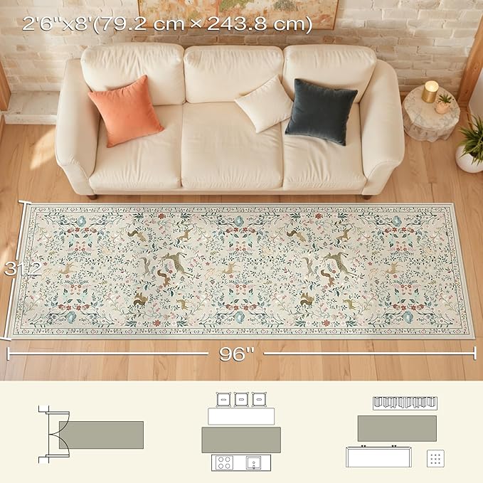 Runner Rug Washable Runners Kitchen Rugs Non Slip Animal Floral Carpet Low Pile for Indoor Hallways Entryway Living Room Bedroom Laundry Soft Mat 2'6''x8' Beige