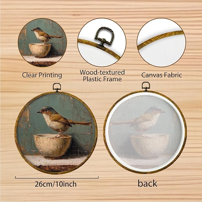 Hiuwevt Vintage Bird Round Wall Art Decor, Antique Framed Bird on Bowl Canvas Prints, Rustic Farmhouse Round Wall Hanging Decor for Home Bedroom Living Room Decorations, 10x10 Inches