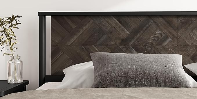 Lenia 14 Inch Premium Solid Wood Bed Frame with Headboard, Rustic Farmhouse Style Platform Bed Made of 100% Solid Acacia Wood, No Box Spring Needed, King Size, Rustic Mocha Black (Lenia Collection)