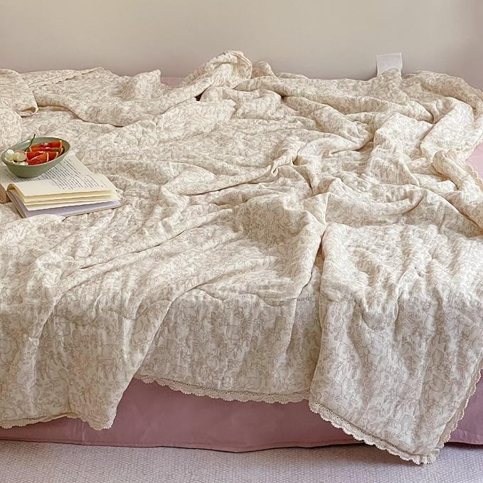 BuLuTu Muslin Cotton Full/Queen Bed Quilts for Kids Teens Vintage Boho Comforter with Lace Edges Soft Thin Comforter Rabbit Floral Quilted Blankets, 79"x90", No Pillowcases