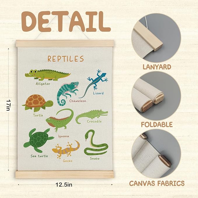 SereneHanctuary Reptile Animal Wall Art,Educational Animal Nursery Wall Decor, Boho Reptiles Poster Hanger Frame for Toddler Kids Bedroom Nursery Playroom Classroom Decor,12x16 Inches
