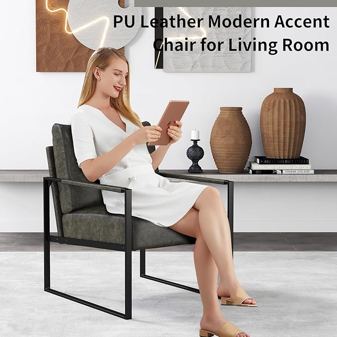 CANMOV Modern Accent Chair Set of 6, PU Leather Armchair with Metal Frame,Comfy Single Reading Chair with Soft Padded Backrest and Cushion for Living Room, Bedroom,Reading Room,Office,Dark Grey