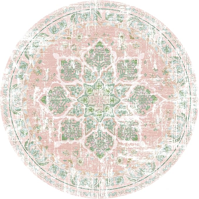 Vhong Boho Area Rugs Vintage Washable Round Dusty Pink and Green 5x5 Non Slip Small Circle Carpet for Nursery Living Room Dining Room Bedroom Girls' Room