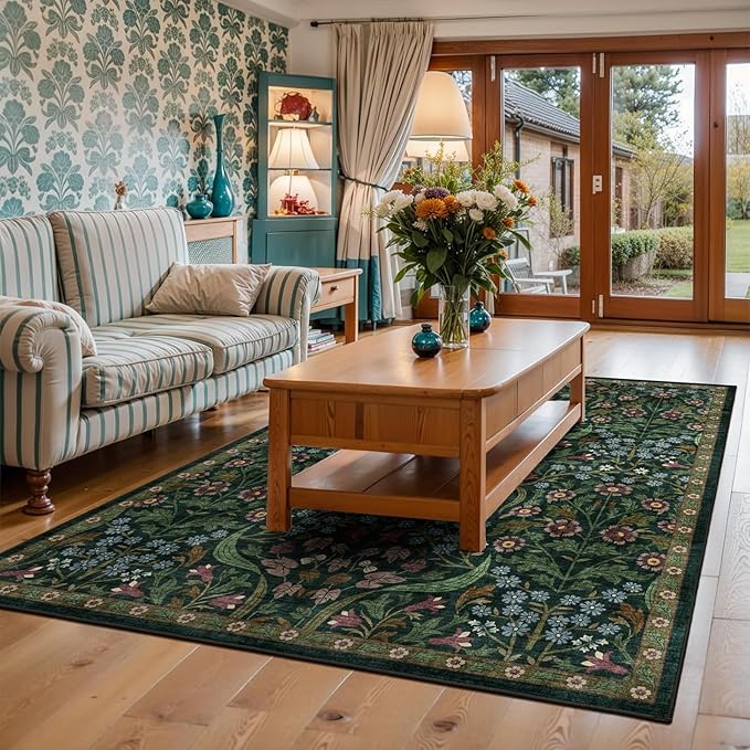 5x7 Washable Area Rug for Living Room, Floral Non-Slip Non-Shedding & Easy Care, Soft Low Pile Forest Boho Indoor Floor Carpet for Living Room, Bedroom, Farmhouse, Dining Room, Kids Playroom, Green