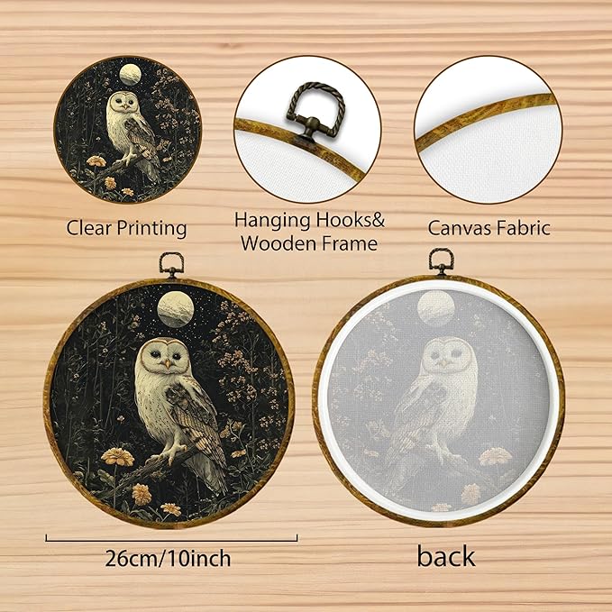 Hiuwevt Witchy Moonlight Owl Round Wall Art Decor, Vintage Dark Floral Framed Canvas Prints, Whimsical Gothic Owl Round Wall Hanging Decor for Office Home Decorations, 10x10 Inches