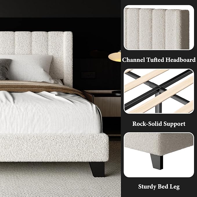 King Bed Frame with Headboard Upholstered Platform Bed Frame with Teddy Velvet Headboard, Wooden Slats Support/Wing Edge Design/No Box Spring Needed/Easy Assembly, Beige King