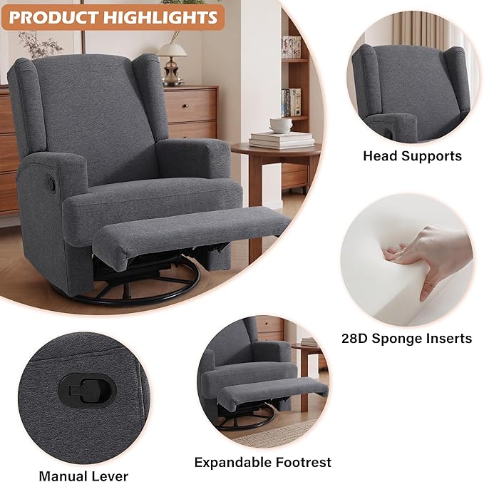 UIXE Swivel Glider Recliner Chair for Adults, Fabric High Back Accent Chair Nursery Rocker for Living Room, Upholstered Manual Reclining Sofa Seating with Deep Seat - Charcoal Gray