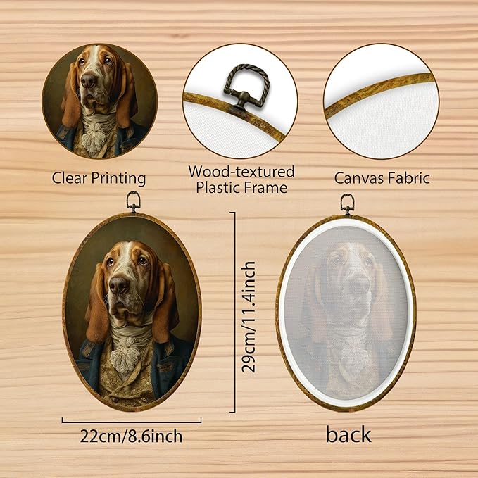 Hiuwevt Vintage Basset Hound Oval Wall Art Decor, Basset Hound Gifts for Women Framed Canvas Prints, Renaissance Style Dog Oval Wall Hanging Decor for Bedroom Living Room Decorations, 8.6x11.4 Inches