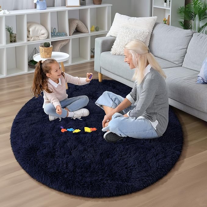 EVOIONOS Navy Blue Round Rug for Bedroom, 4x4 Ft Fluffy Soft Circle Area Rugs for Living Room, Plush Shaggy Circular Carpet for Indoor Floor Bedside Kids Nursery, Machine-Washable Home Decor Aesthetic