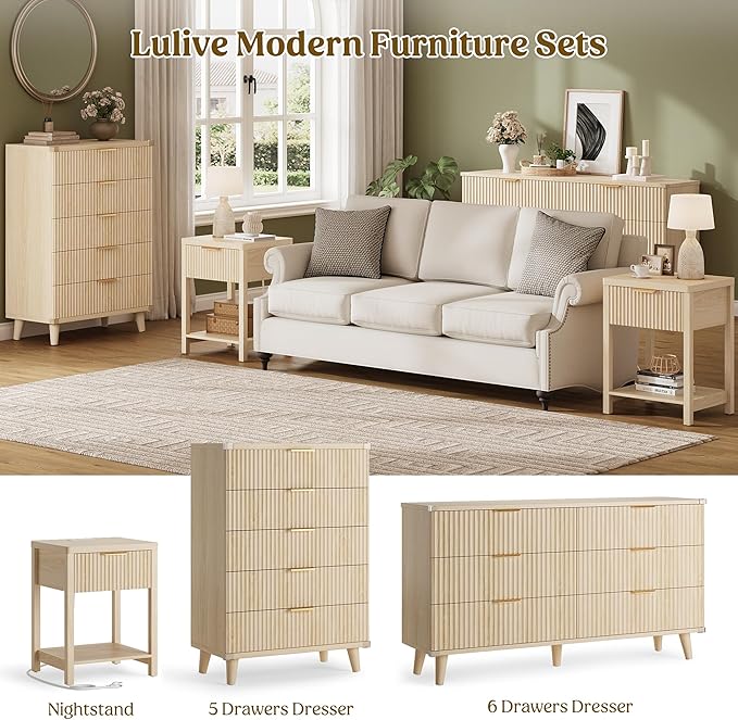 Lulive Night Stand Set 2, Fluted Nightstand with Charging Station, Wood Modern Bedside End Table with Storage Drawer for Bedroom, Save Space (Set of 2, Natural Oak)