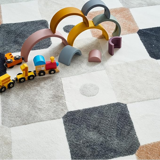 jinchan Macy Round Rug 4ft Kids Washable Rug Indoor Non-Slip Black and White Modern Soft Rug Elementary School Classroom Diamond Carpet for Nursery Playroom Daycare Bedroom Living Room Marble on Cream