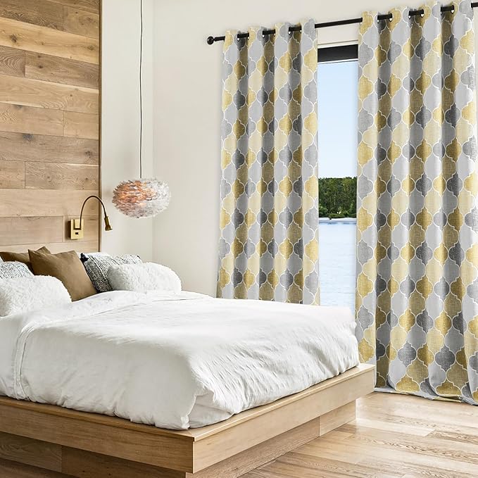 Gray Yellow Full Blackout Curtains 84 Inches Long for Living Room Bedroom Moroccan Geo Print Window Treatments Panels Thermal Insulated Privacy Grommet Top Lined Drapes, 52x84, 2 Panels