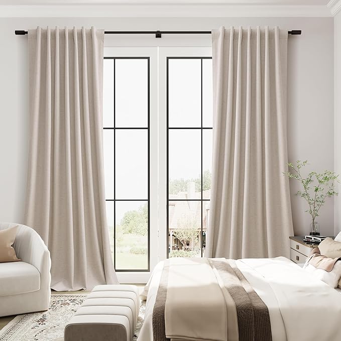 Guken Oatmeal Linen 100% Blackout Curtains for Bedroom 90 Inch Length 2 Panels Set Back Tab Thermal Insulated Sound Proof Light Blocking Window Elegant Curtain for Living Room Nursery 52x90