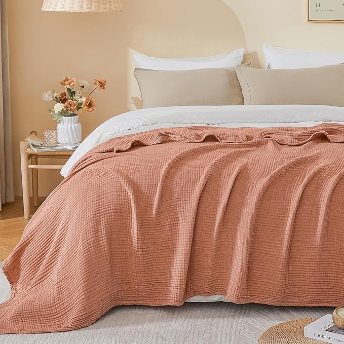EMME Cotton Muslin Twin Blanket Breathable Gauze Blanket Soft Lightweight Blankets Adults Gifts for Women (Orange Red, 60"x80")