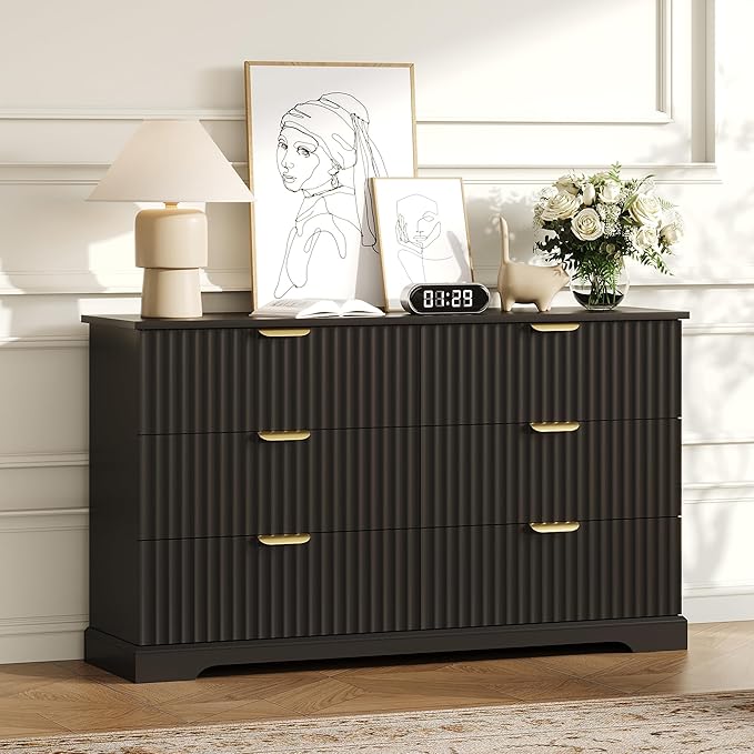 Fluted Dresser with 6 Drawers for Bedroom, 53.14" Wide Dresser with Metal Handle, Wooden Chest of Drawers for Bedroom, Living Room, Entryway, Black
