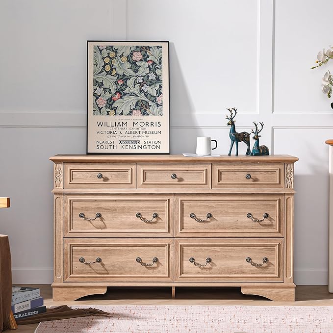 Dresser for Bedroom with 7 Drawers, 55" Wide Dresser for Storage and Organization, Farmhouse Chest of Drawers for Living Room, Closet, Hallway, Natural