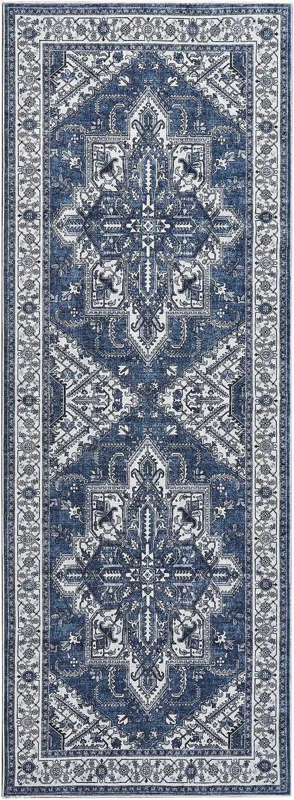 WITSHOCK Living Room Area Rugs 3x8: Washable Rug Boho Soft Non-Slip Low Pile Stain Resistant Foldable Carpet for Bedroom Playroom Dining Room Office Kitchen Farmhouse Home Decor Rug-Blue