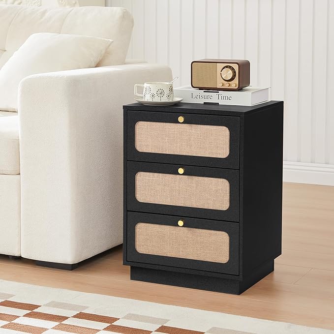 Modern Black Wood Nightstand Set of 2, 16" Small Night Stand with 3 Storage Drawer for Bedroom, Farmhouse Linen Decor Side End Table for Bedside, Living Room, Home Office (Black)