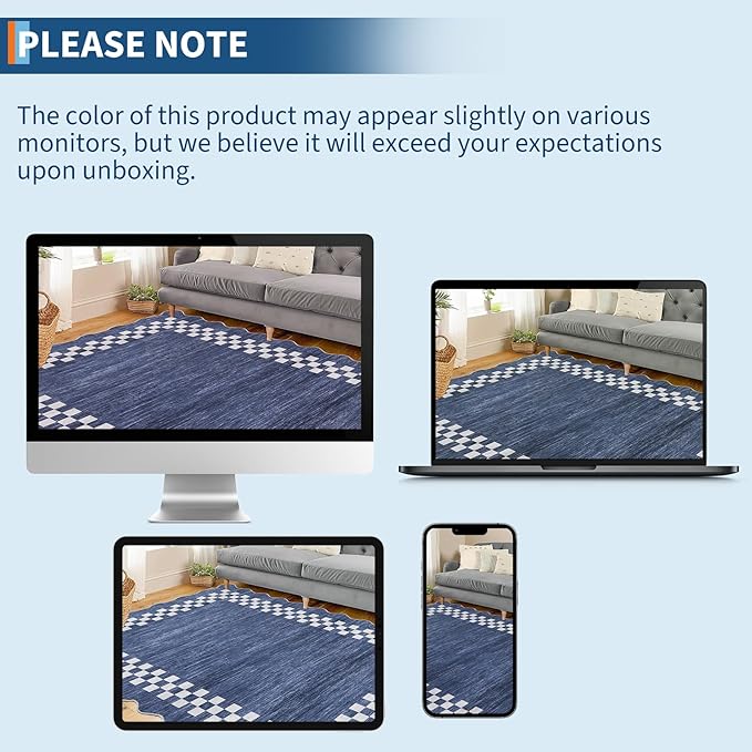 GarveeHome 10x13 Area Rug Large Living Room Scalloped Rug Non Slip Low Pile Bedroom Throw Carpet Soft Modern Bordered Dining Room Rug Stain Resistant Boho Carpet for Home Office, Blue