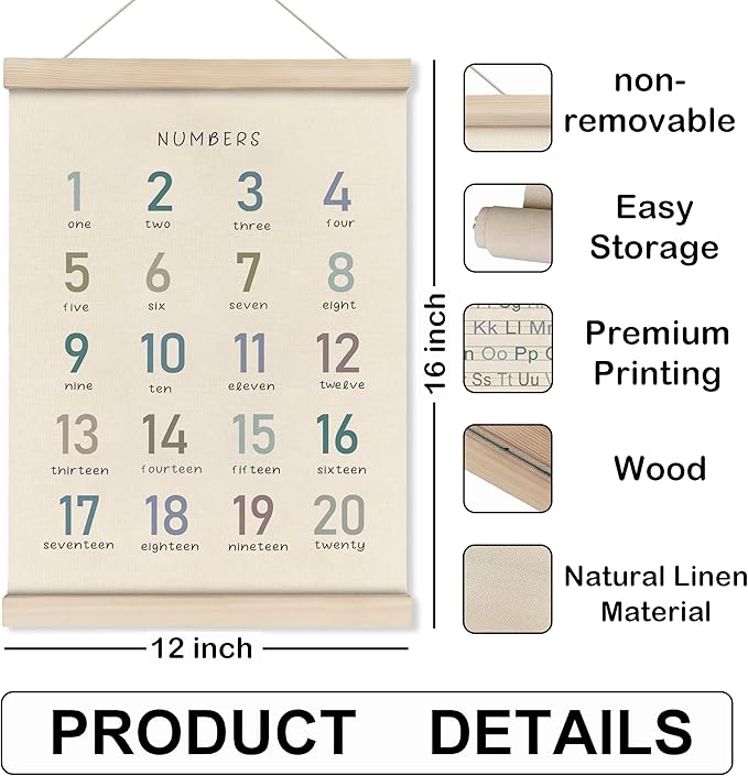 HRQKO Alphabet Numbers Poster Hanger Frame Set of 2, Nursery Wall Decor, Boho ABC Poster Wall Art with Wooden Frames, Alphabet Banner Wall Hanging Decor for Boy Toddler Room Playroom, 12x16 Inch